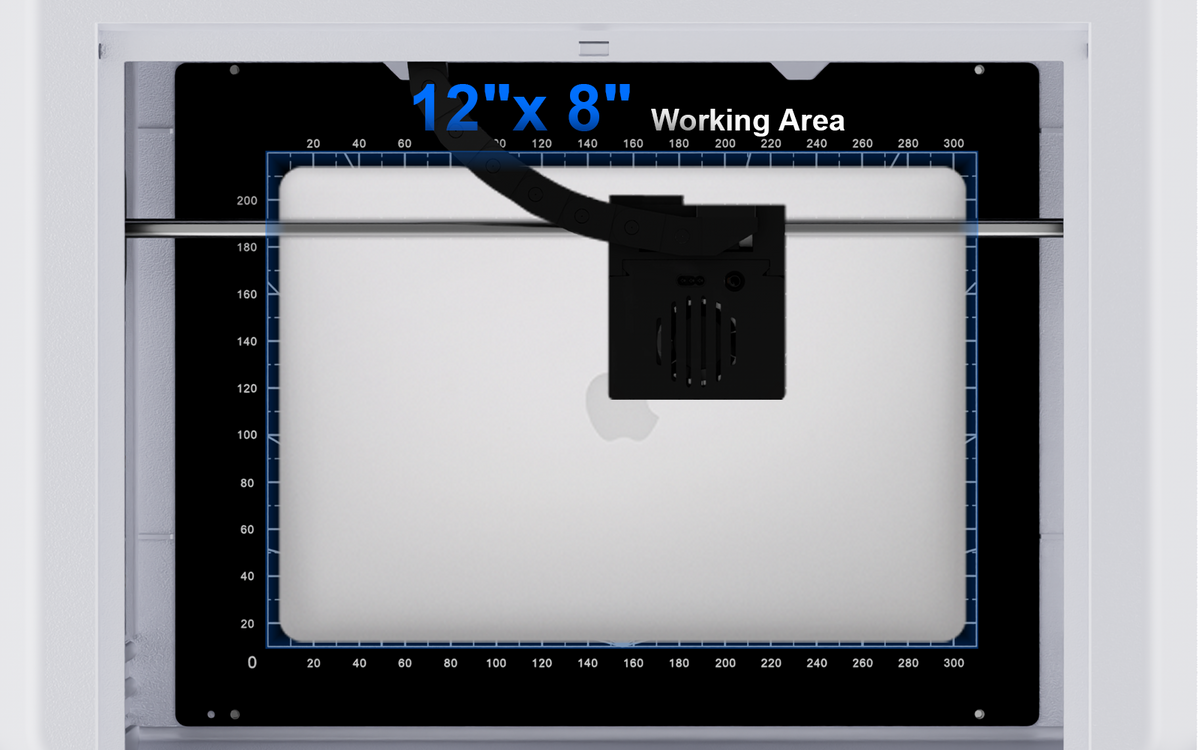 This product features a working area of 12'' x 8'', catering to personalized and small-batch production needs. You can create high-value customized products or produce small-batch custom items, significantly boosting efficiency and reducing material waste. It comprehensively enhances your production capacity, output, and profitability.
